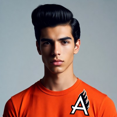 Young man with styled hair in red shirt