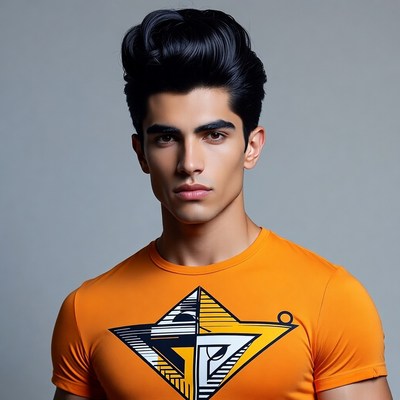 Young man poses in orange shirt