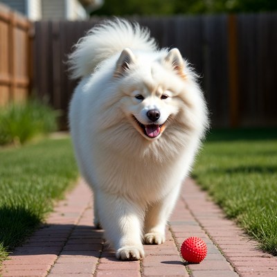 Samoyed dog plays on pathway outside