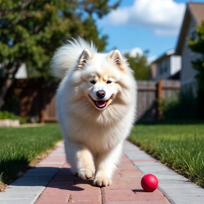 Dog plays with ball in yard