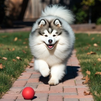 Dog running towards ball in garden