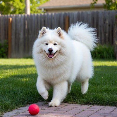 Dog running to ball in backyard