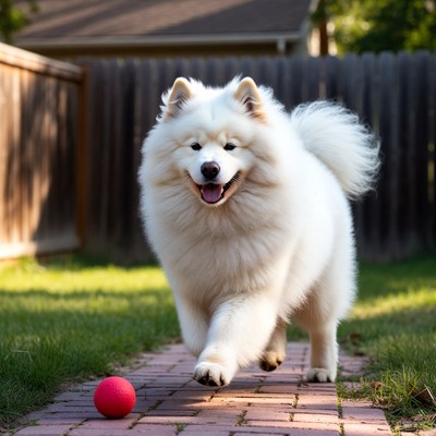Samoyed dog playing in the yard