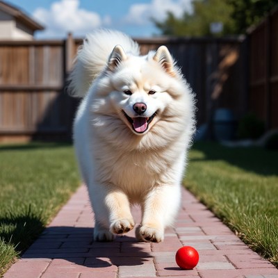 Dog runs towards red ball