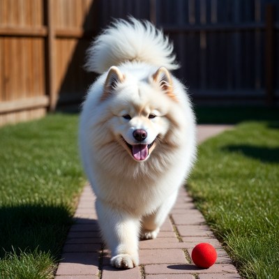 Dog playing with a red ball outdoors
