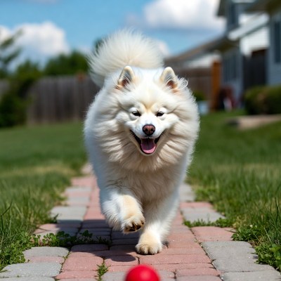 Dog running on garden path