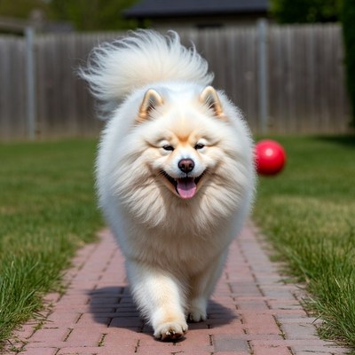 Happy dog runs with ball