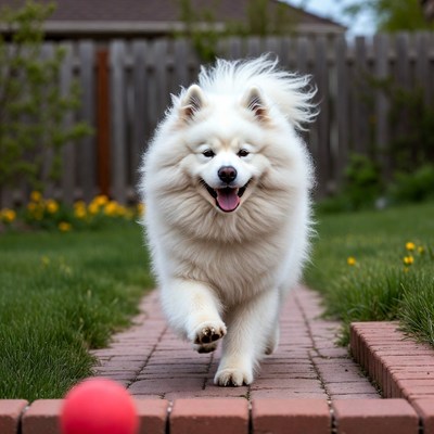 Dog running on a pathway in the yard