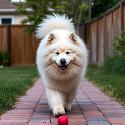 Dog walks on path with red ball
