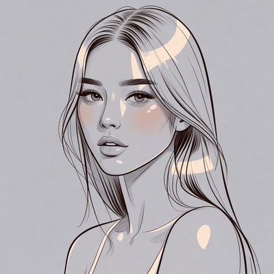 Young woman with long hair in sketch style