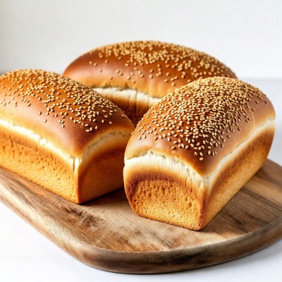 Freshly baked bread loaves on wooden board