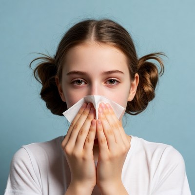 Young girl blowing her nose indoors