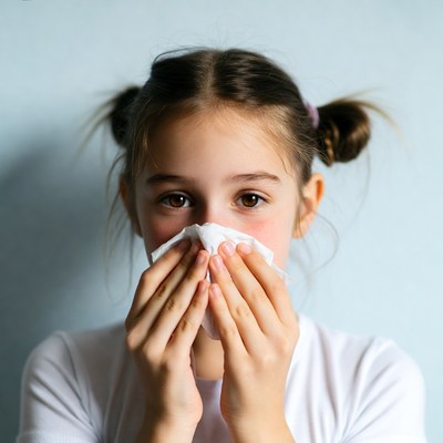 Child sneezes while holding tissue