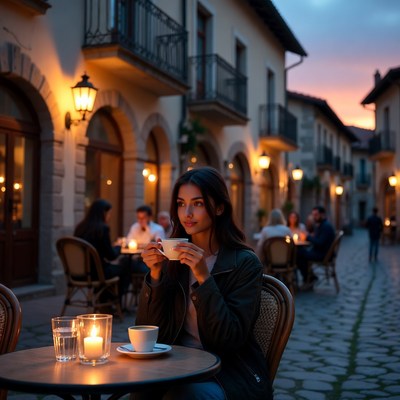 Young woman enjoys coffee at dusk