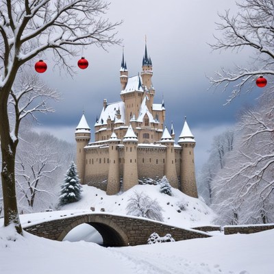 Snowy castle with holiday decorations