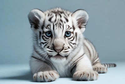 White tiger cub on blue background
