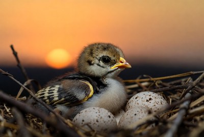 Chick hatches from eggs at sunset