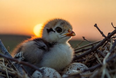 Chick hatching at sunset