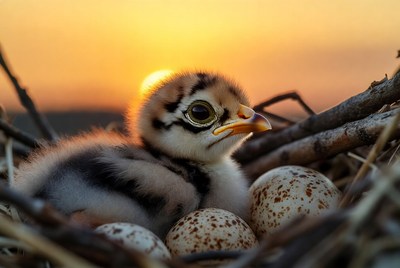 Chick hatching at sunset time