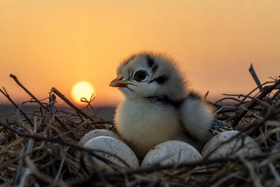 Chick hatches at sunset in nest