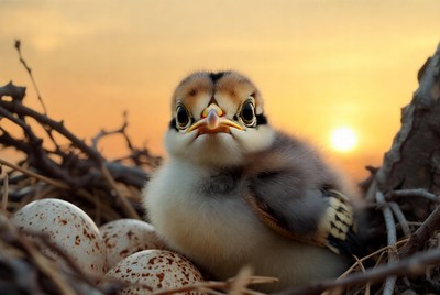 Baby bird emerges from nest at sunset