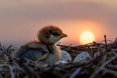 Chick hatching at sunrise near eggs