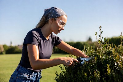 Woman trimming bushes in bright sunlight