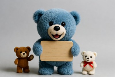Three bear toys with a sign