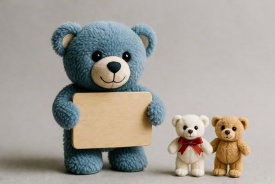 Blue bear holds blank sign with two other bears
