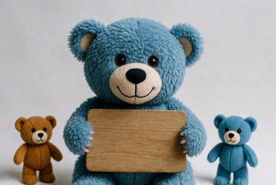 Soft bears with wooden sign displayed