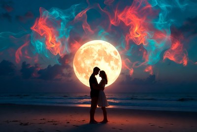Couple embraces under moonlight