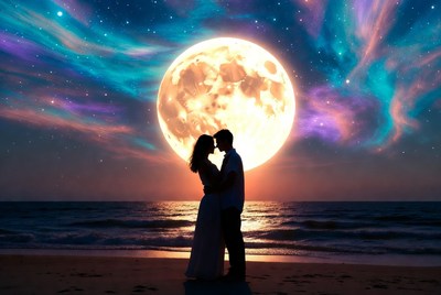 Couple kissing under full moon