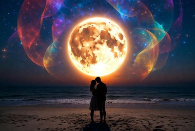 Couple embraces under full moon light