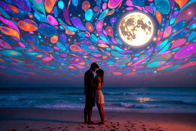 Couple on beach under colorful sky