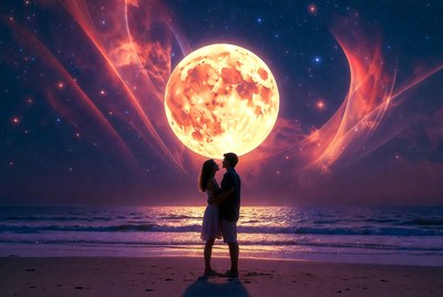Couple on beach under full moon