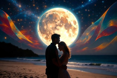 Couple in front of a large moon