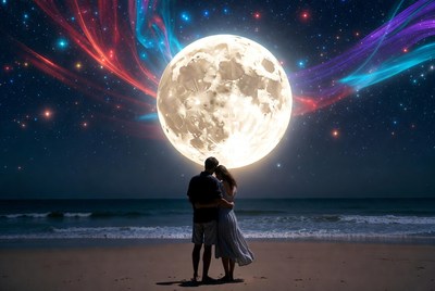 Couple gazes at moonlit ocean