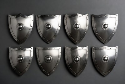 Collection of metal shields on display