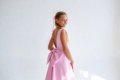 Girl in pink dress with bow
