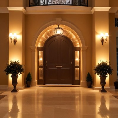 Elegant front entrance at night