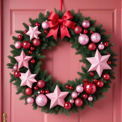 Decorative wreath on a pink door