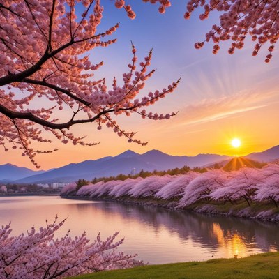 Sunset over cherry blossom park