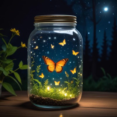 Butterflies in a glass jar at night