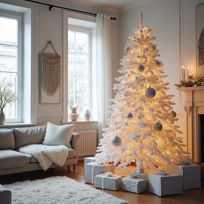 Bright white christmas tree decorates room