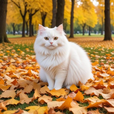 White cat in autumn leaves