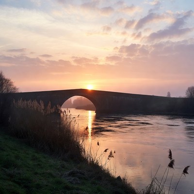 Sunset over river and bridge