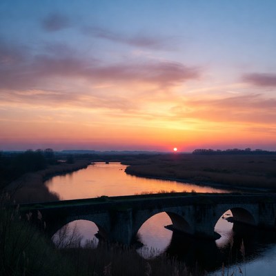 Sunset over river and bridge