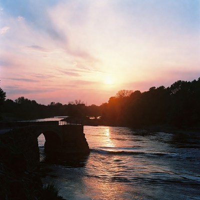 Sunset over the river bridge