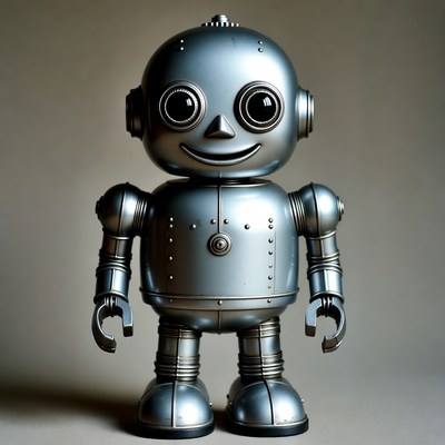 Robot toy standing on a plain background