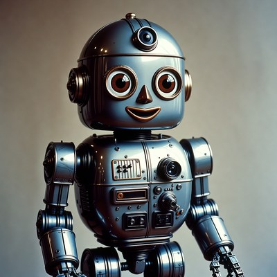 Robot stands with friendly expression